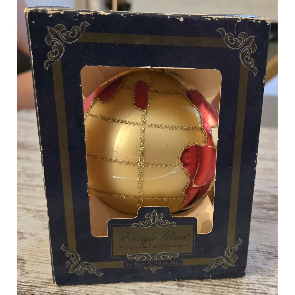 Kurt S Adler Kringle Glass Hand Blown Globe Ornament Red Gold Poland Vintage